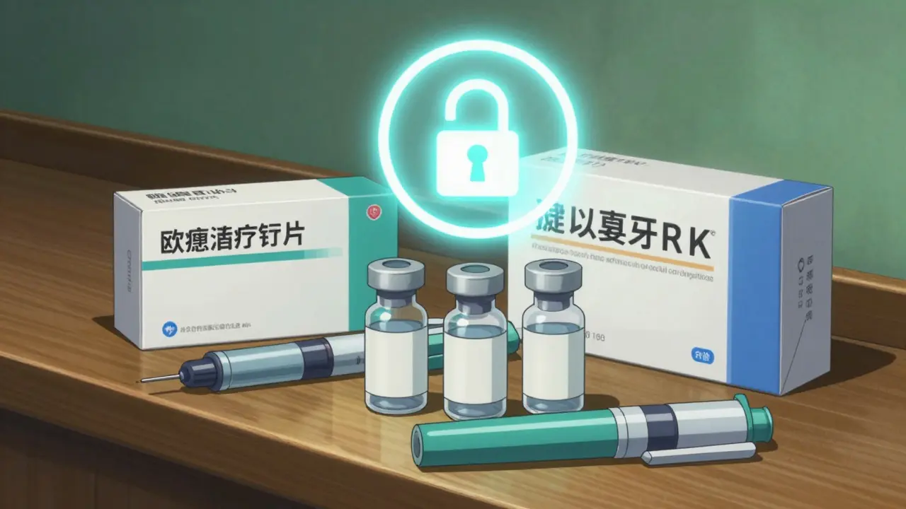 Insulin pens with lock symbol indicating price protection