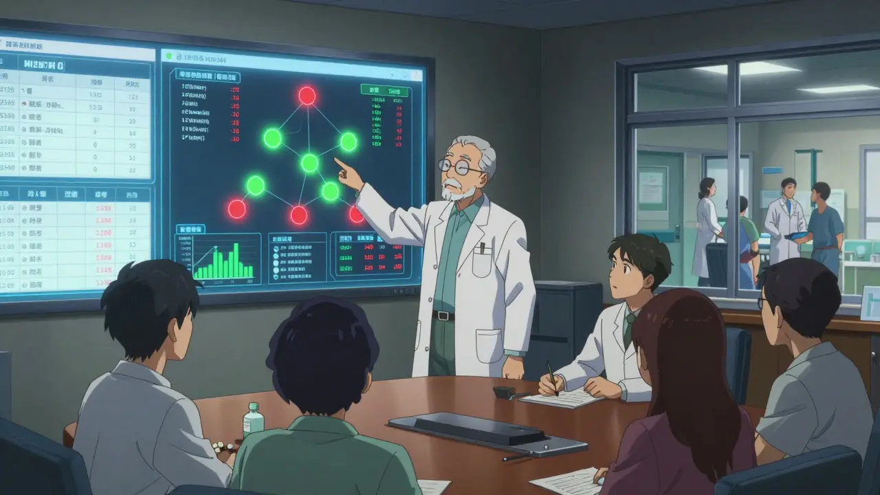 Medical team reviewing data screens and decision trees during a Pharmacy and Therapeutics Committee meeting.