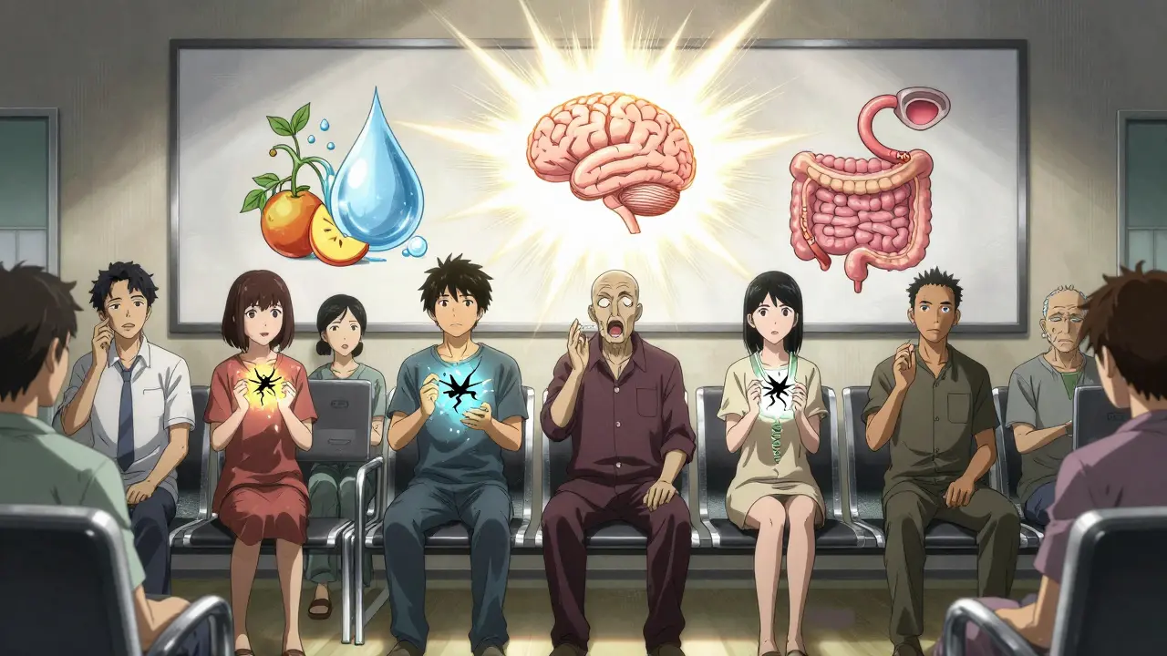 Patients in a clinic watch myths shatter as scientific truths glow from a whiteboard, in anime style.