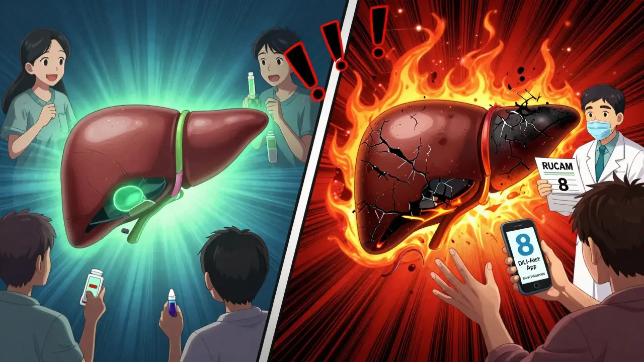 Split scene: healthy liver vs. damaged liver, with medical scores and a DILI-Alert app in dramatic anime style.