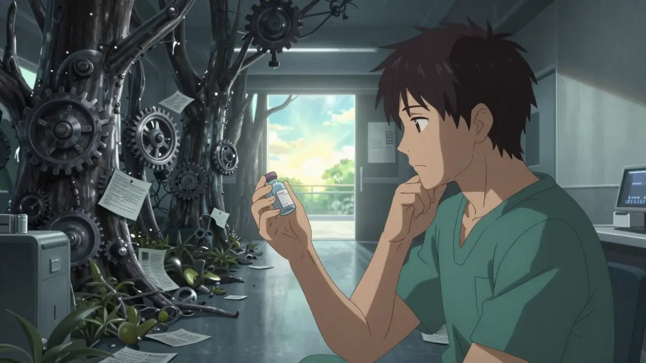 Anime patient facing a metaphorical forest of metallic patents with a bright horizon in the distance.