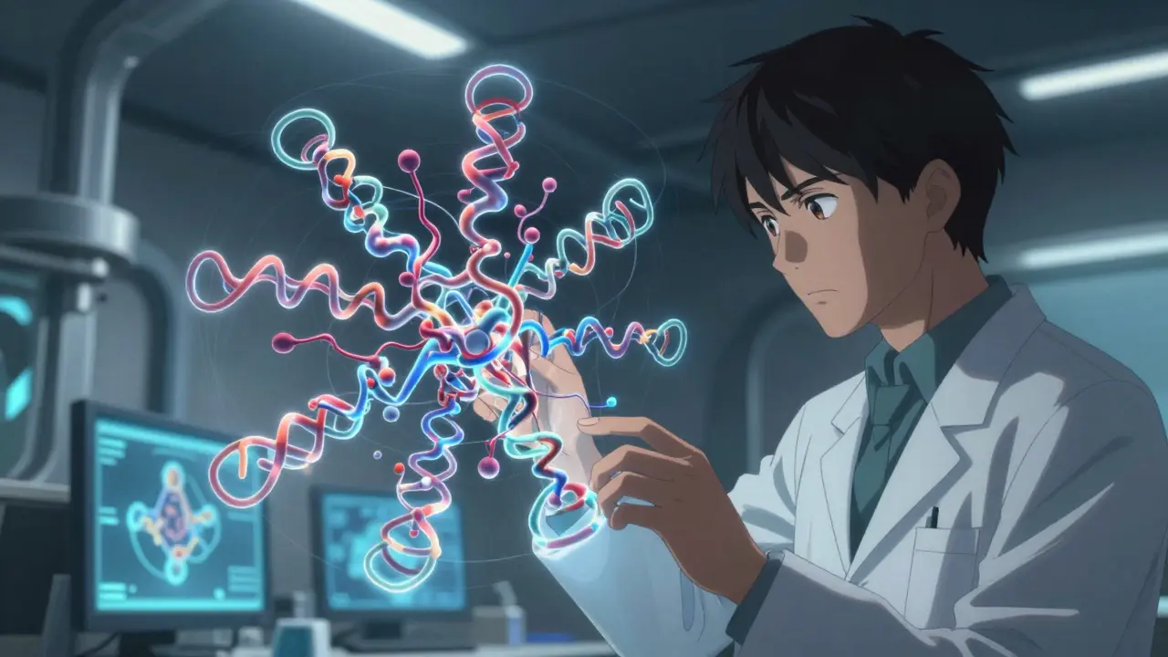 Anime scientist analyzing a complex 3D holographic protein structure in a futuristic lab.