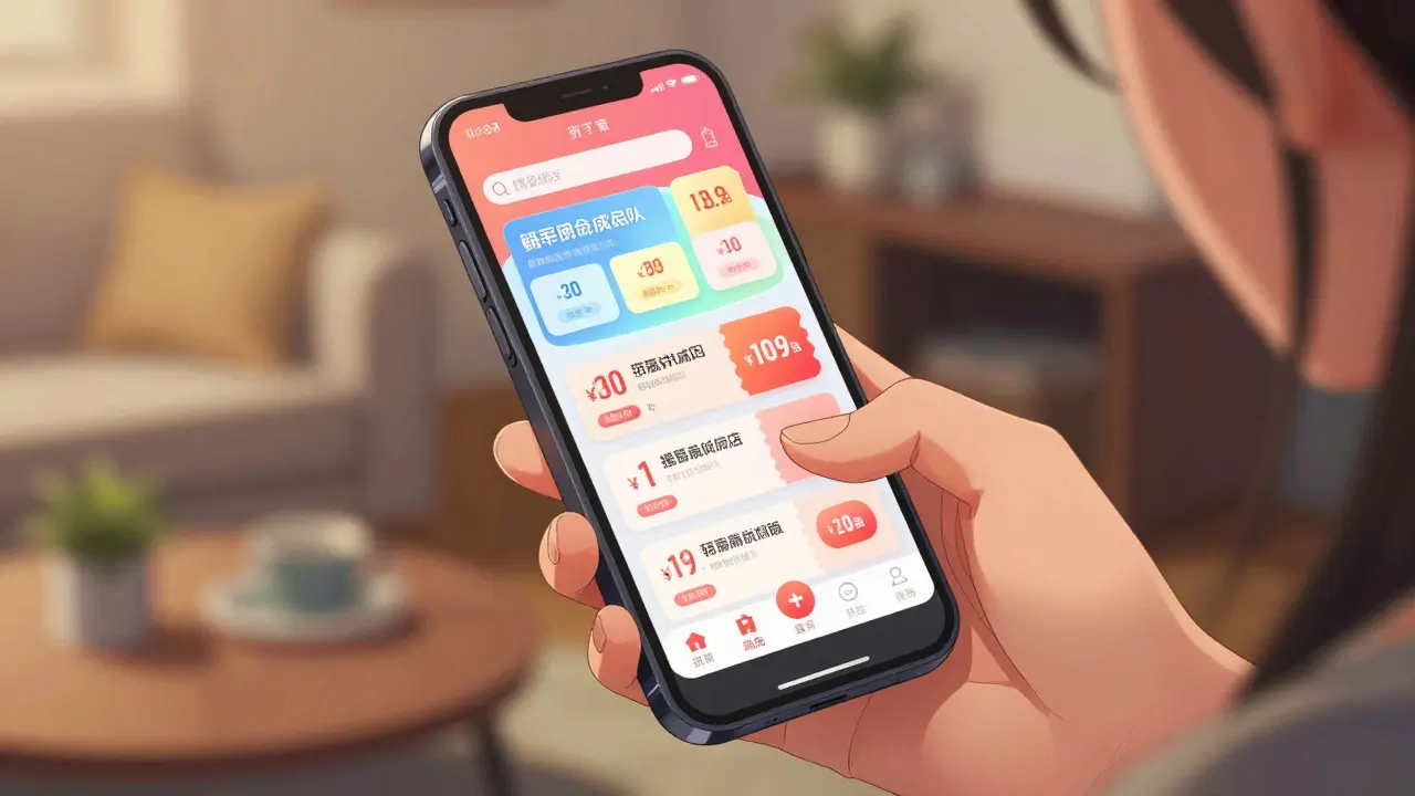 Anime style close-up of a person using a price comparison app on a smartphone