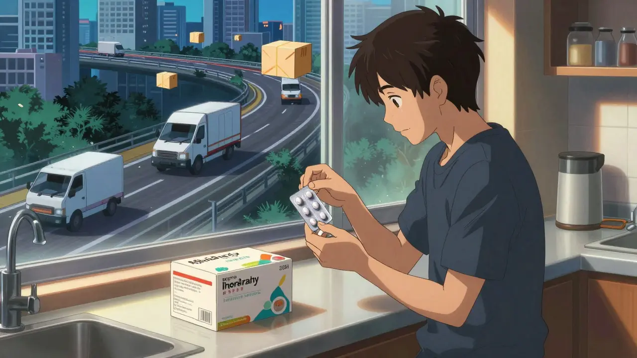 Character comparing single and bulk medication packs near a window view.