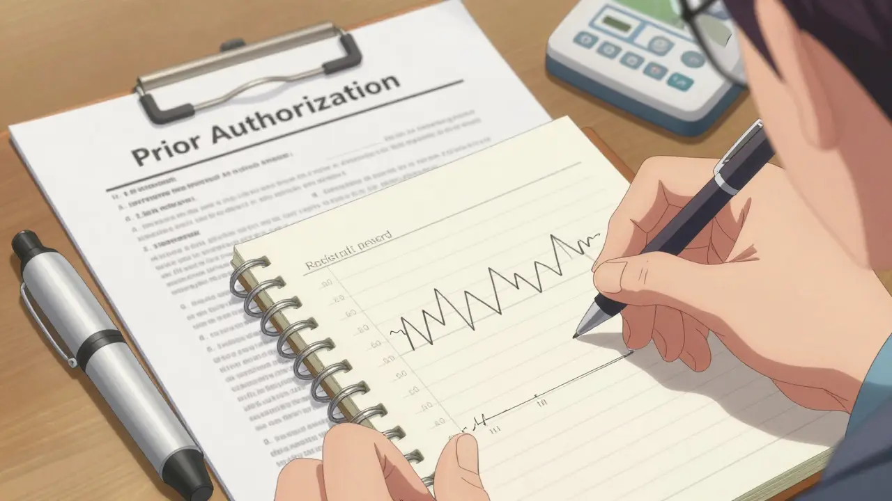 Close-up of a medical log and prior authorization documents in anime style