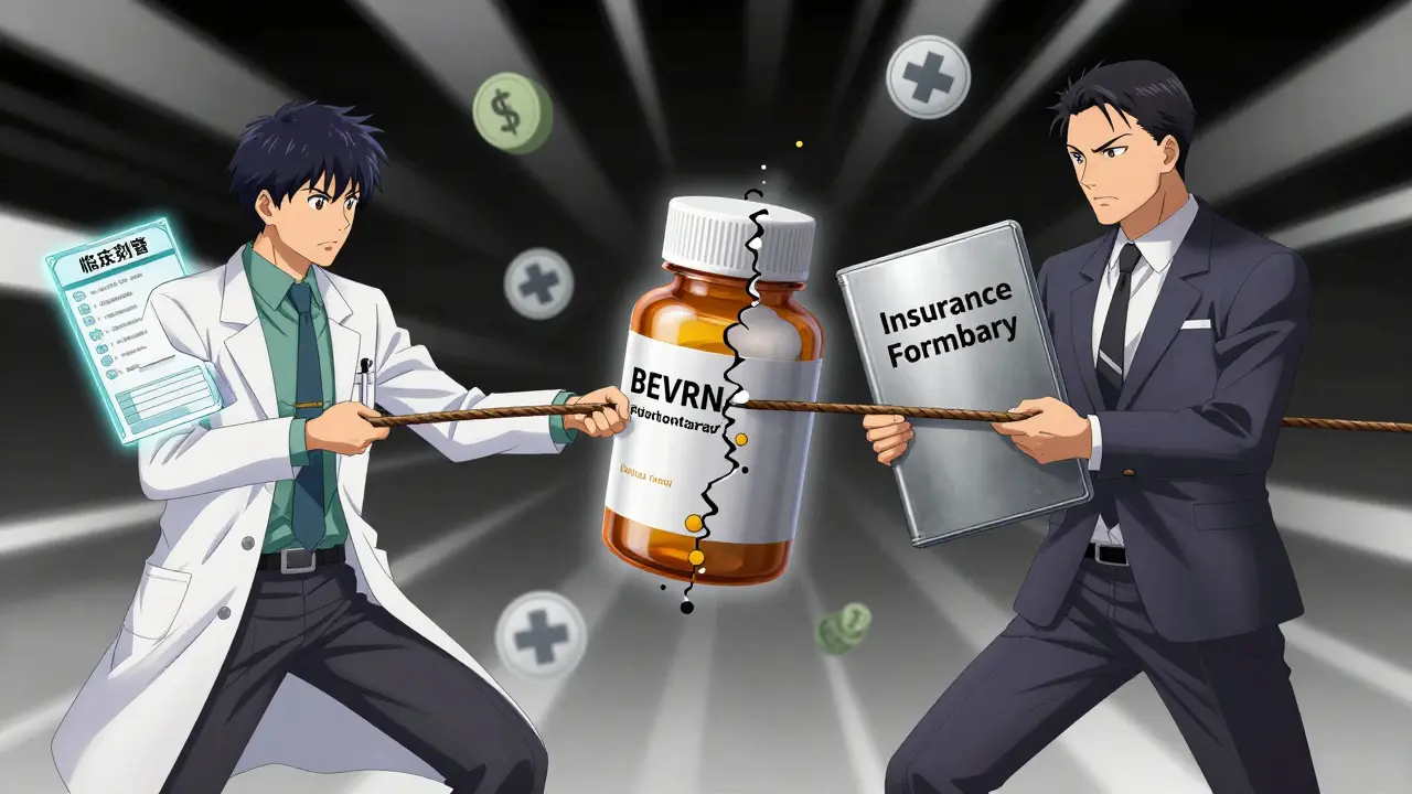 Conceptual tug-of-war between a doctor and insurance executive over a medication bottle
