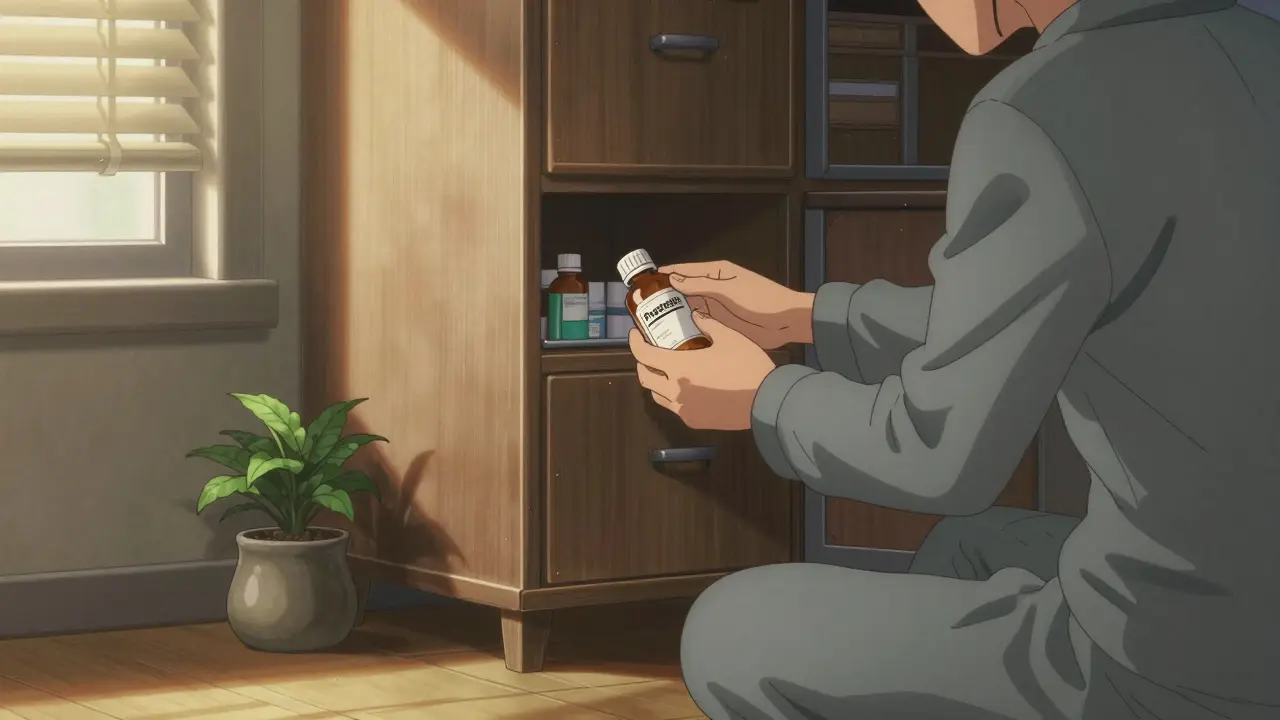Individual safely storing a medication bottle in a secure wooden cabinet.