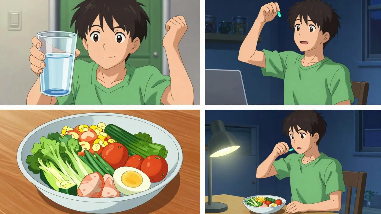 Montage of a person preparing a healthy meal and taking vitamins in anime style
