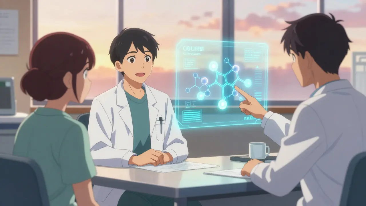 Patient and doctor discussing advanced biologic therapy with a holographic molecule