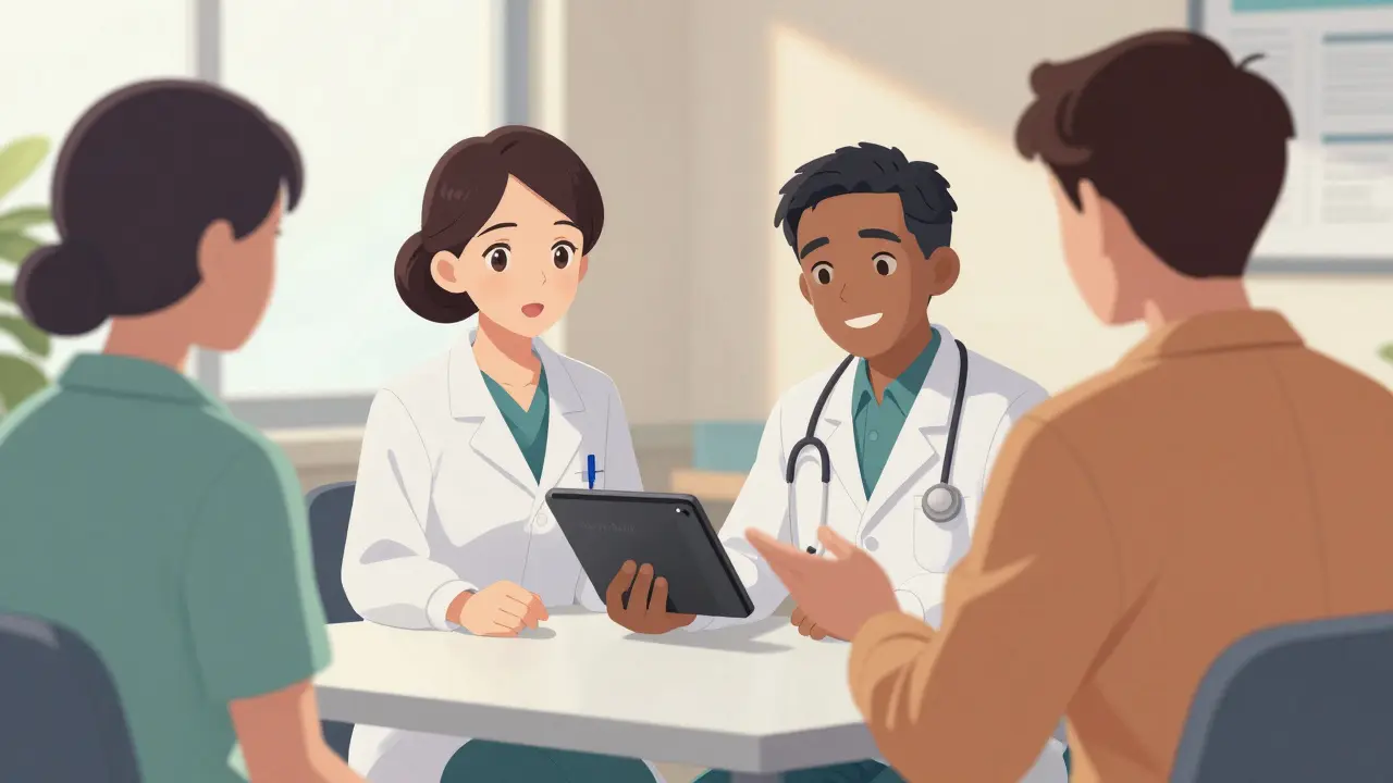 Patient using a professional interpreter and the teach-back method in a doctor's office.