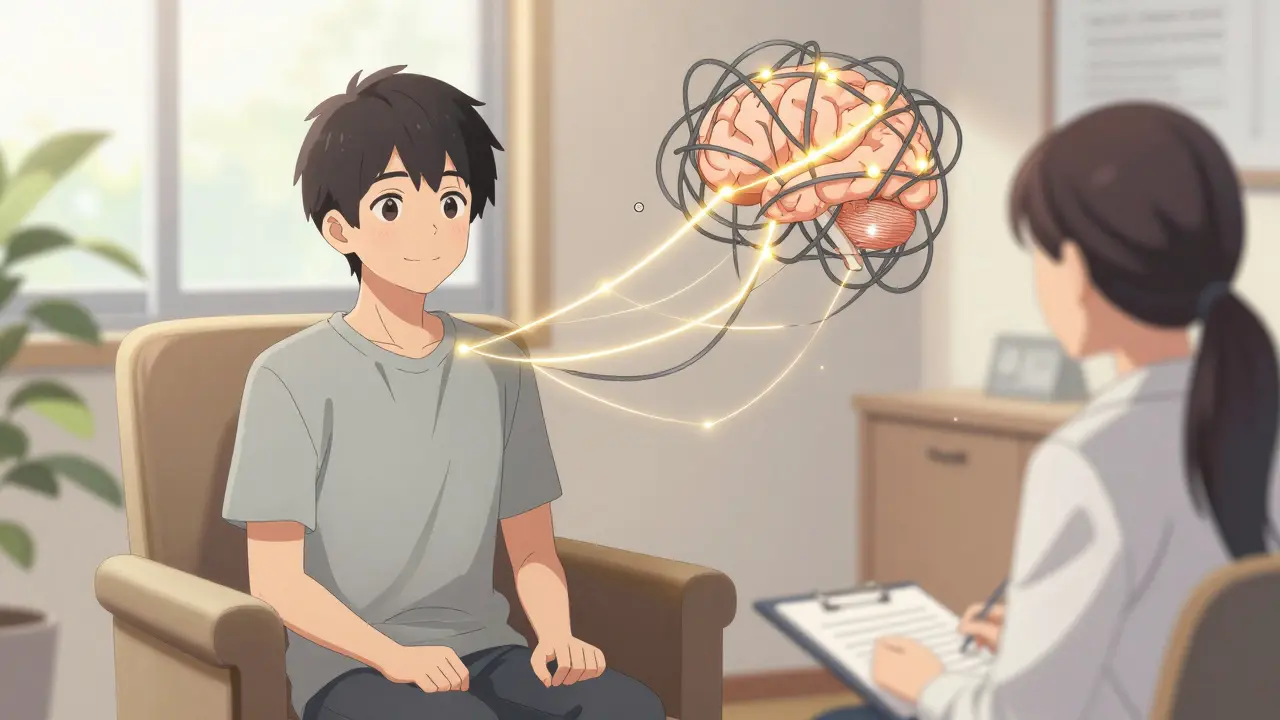 Person in therapy with glowing golden threads replacing a tangled web in their mind.