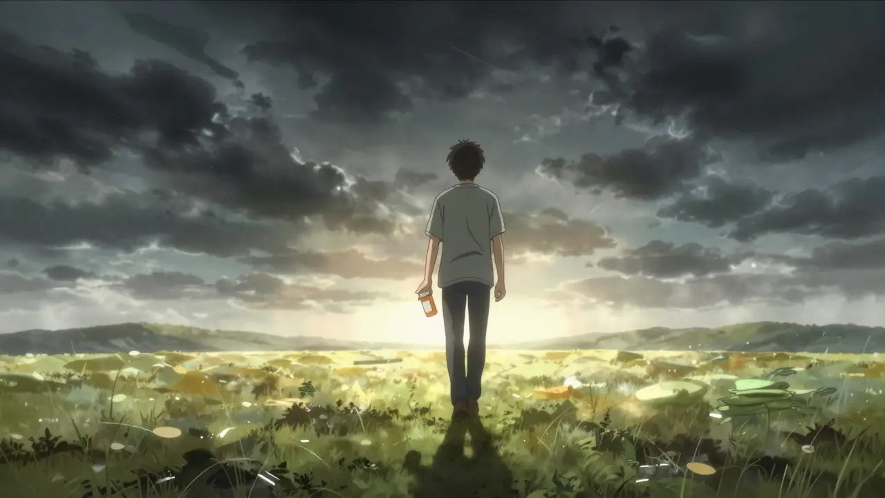 Person walking from a dark storm into a sunny field, symbolizing mental health recovery.