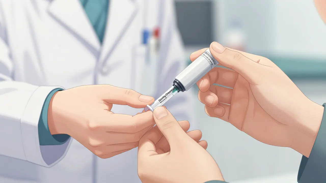 Pharmacist supervising a patient using a medication dosing tool for safety.