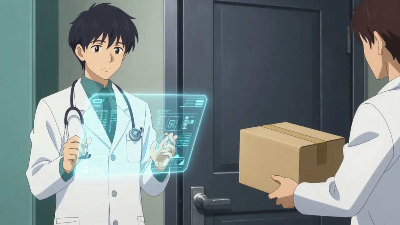 Split scene of a doctor reviewing data and a discreet medical package delivery
