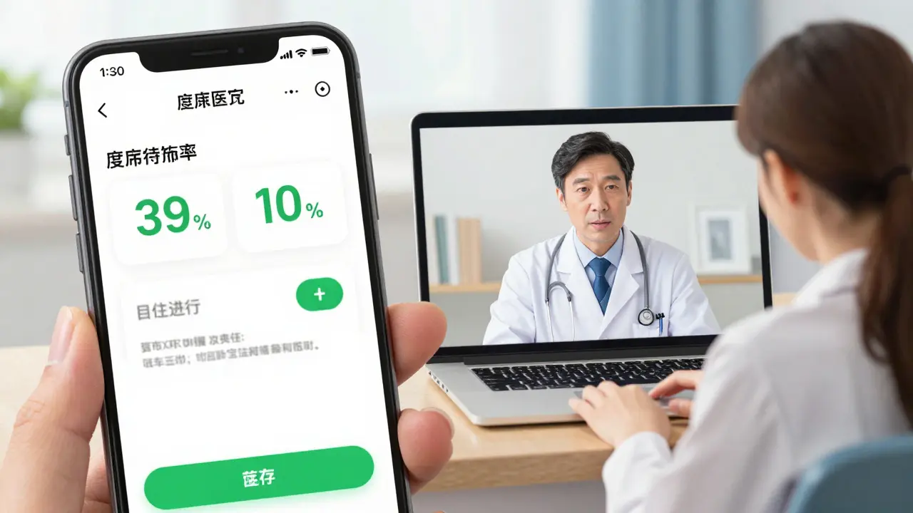 Split screen showing a discount medicine app and a telehealth consultation session.