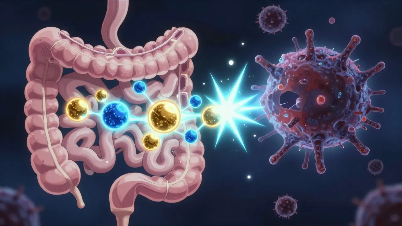 Stylized anime visualization of combined medications attacking bacteria in the stomach