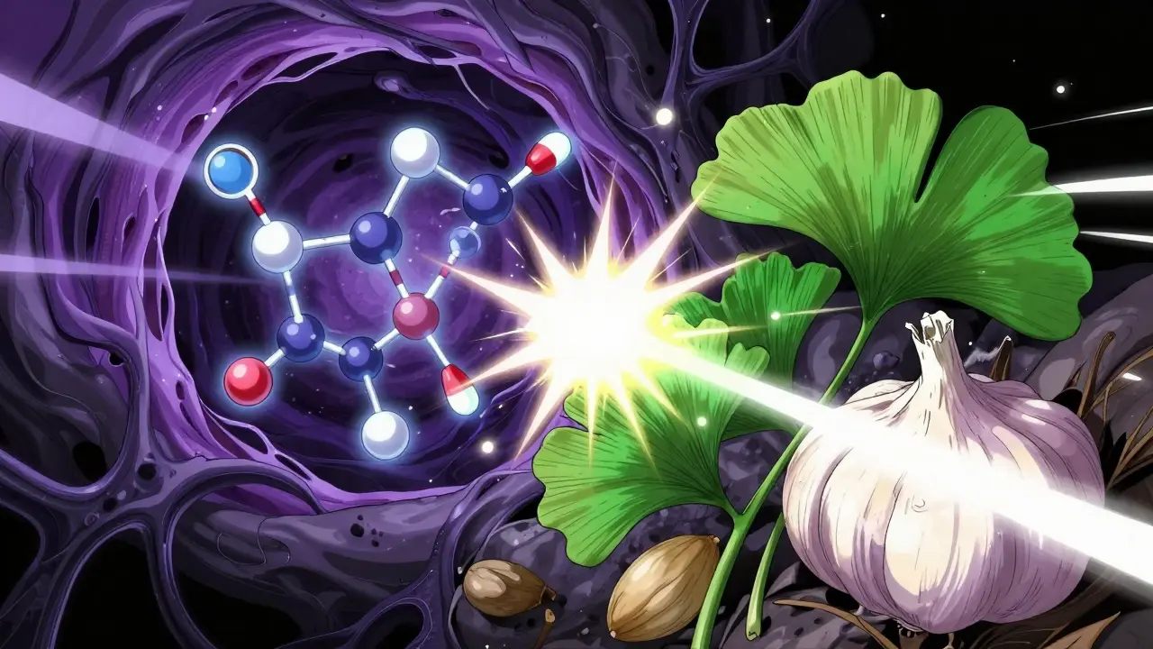 Abstract anime depiction of herbal molecules interfering with blood thinner drugs inside veins.