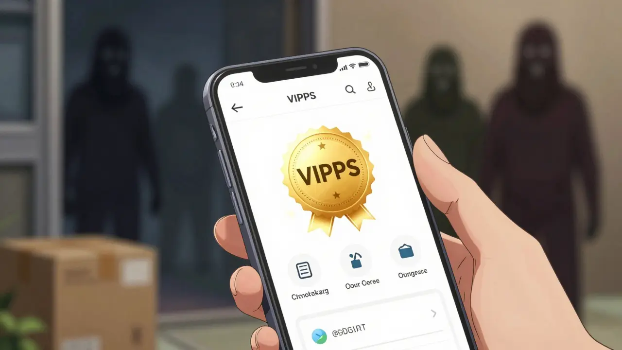 Anime hand holding phone with VIPPS safety seal approval