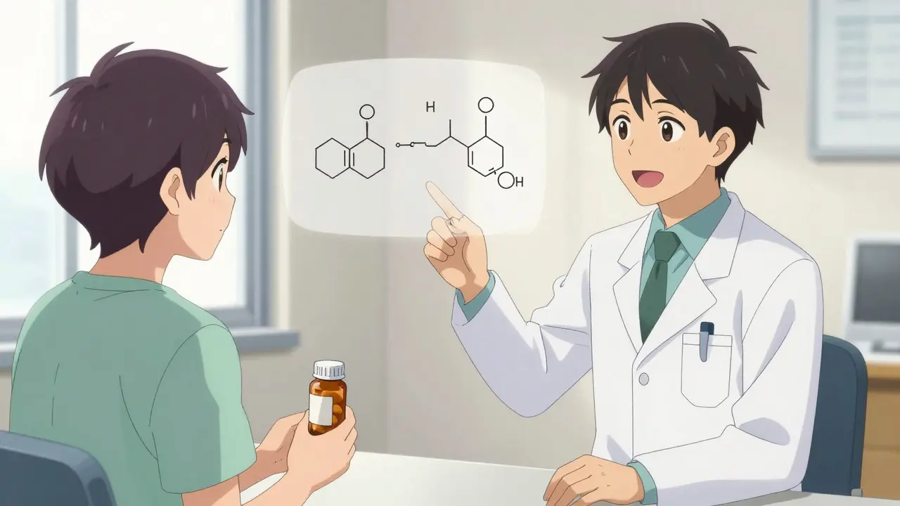 Doctor reassuring patient about generic medication in a bright clinic.