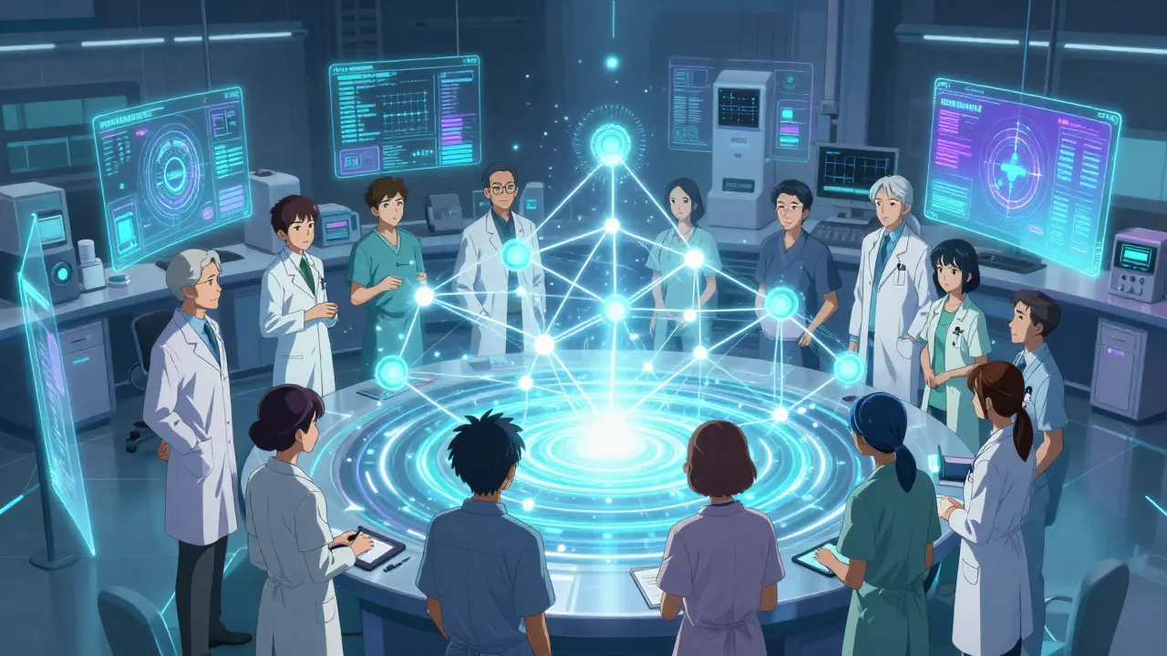 Futuristic anime scene of researchers using AI for pregnancy drug safety data.