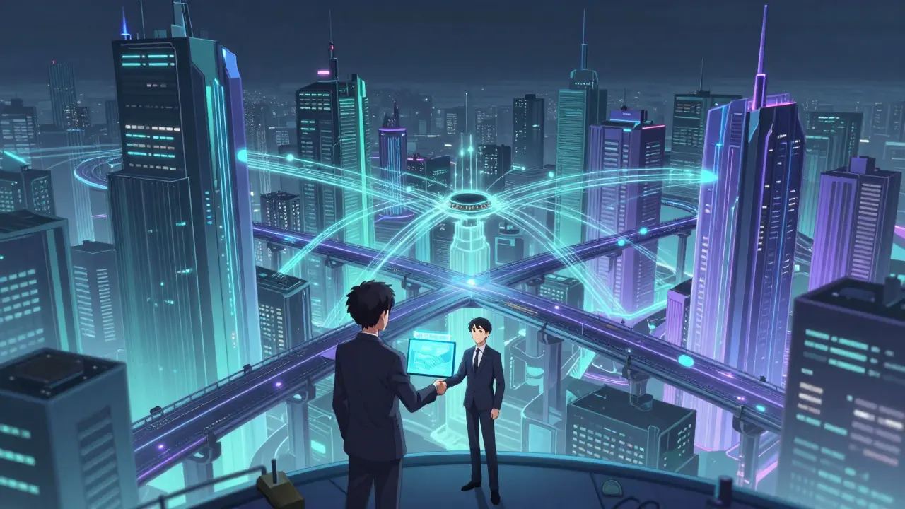 Futuristic anime scene of tech companies connected by glowing data bridges