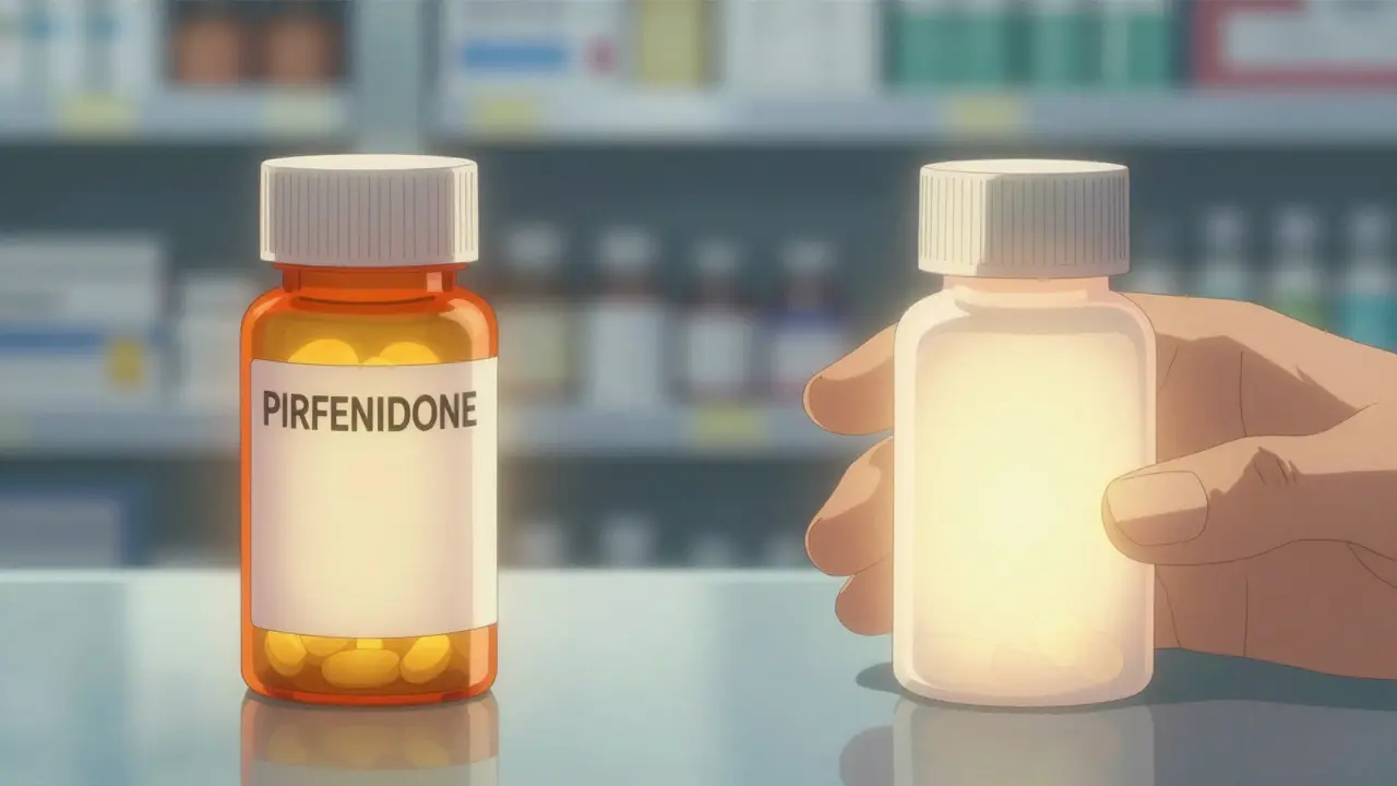 Hand choosing generic pill bottle over brand name option