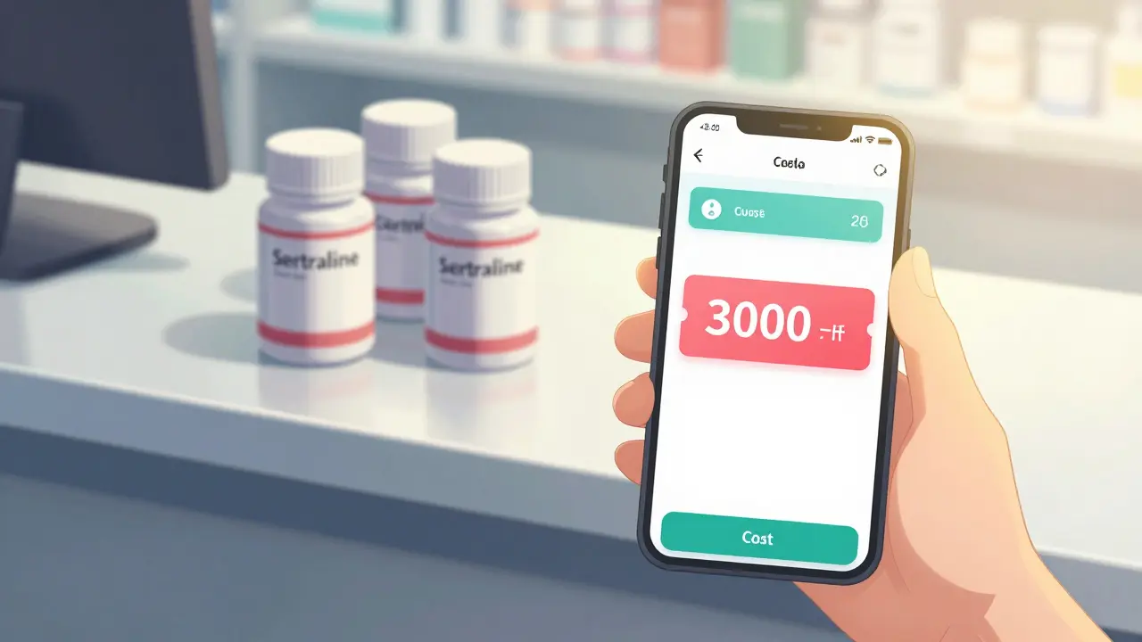 Hand holding phone with discount coupon near medicine