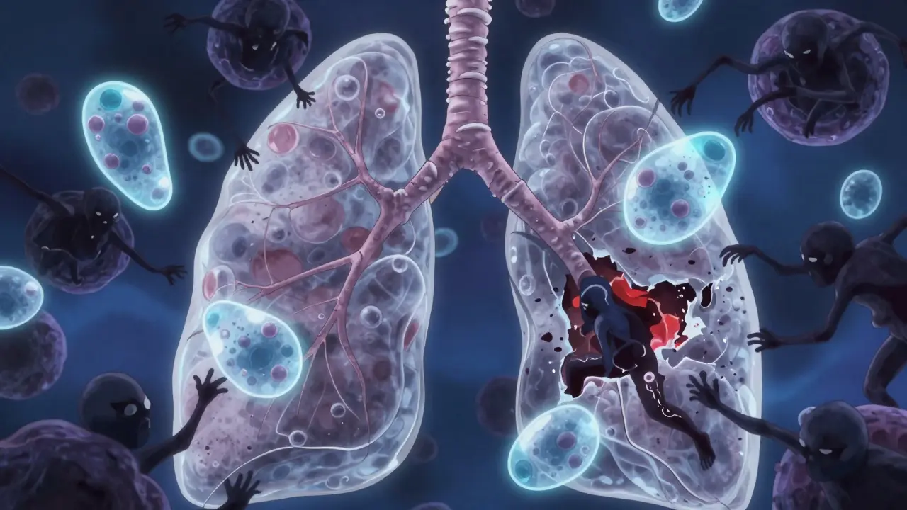 Microscopic view of lung tissue damage and protein protection mechanisms