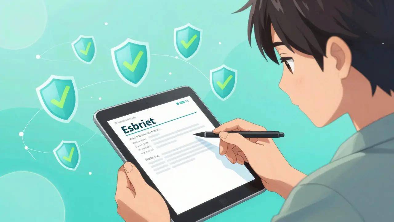 Person verifying prescription on tablet with security icons