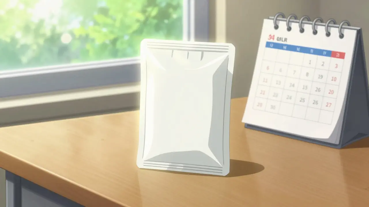 Sealed medication package on a desk with a calendar and sunny window