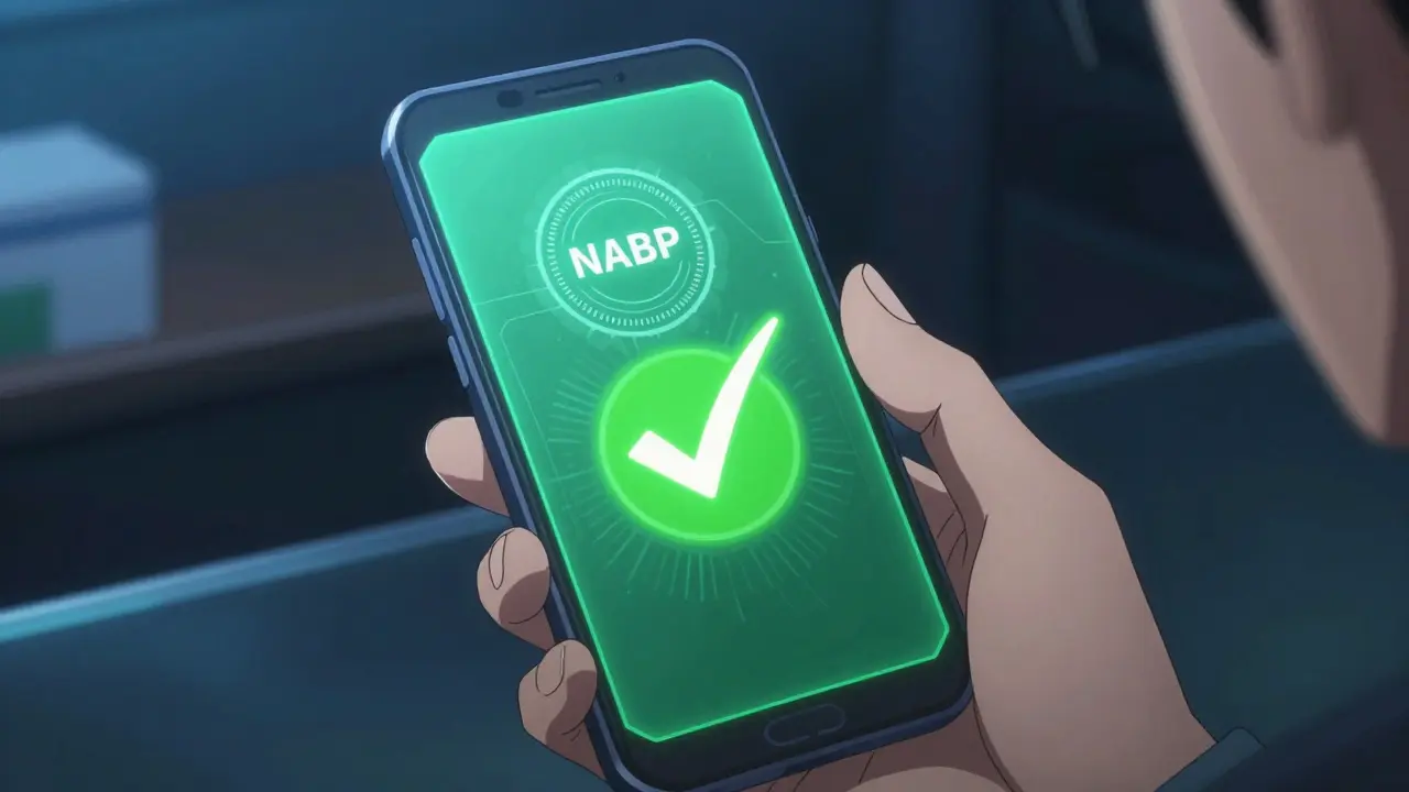 Smartphone screen showing a green security verification seal for pharmacy