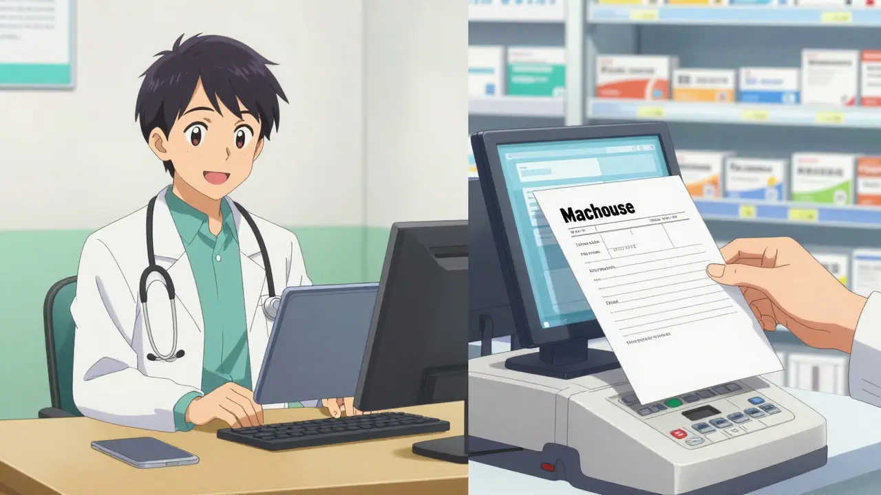 Split screen anime showing telehealth vs pharmacy options