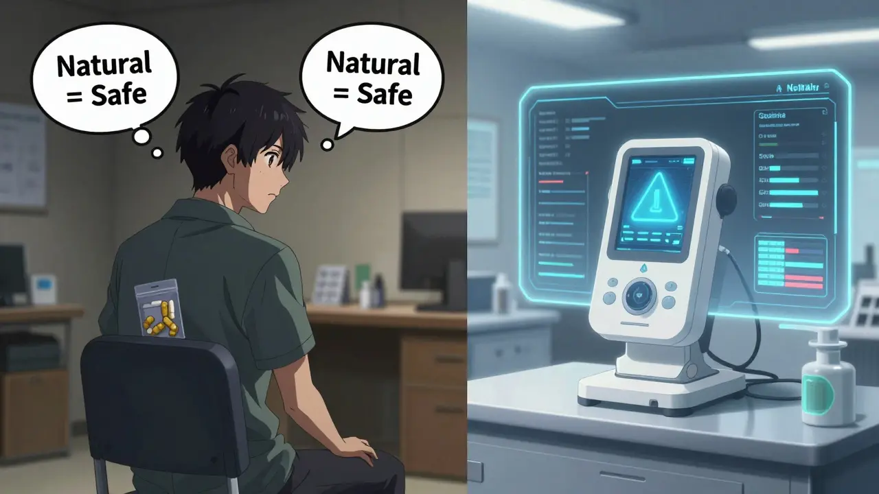 Split screen: patient hiding supplements from doctor vs AI tool detecting dangerous interactions.