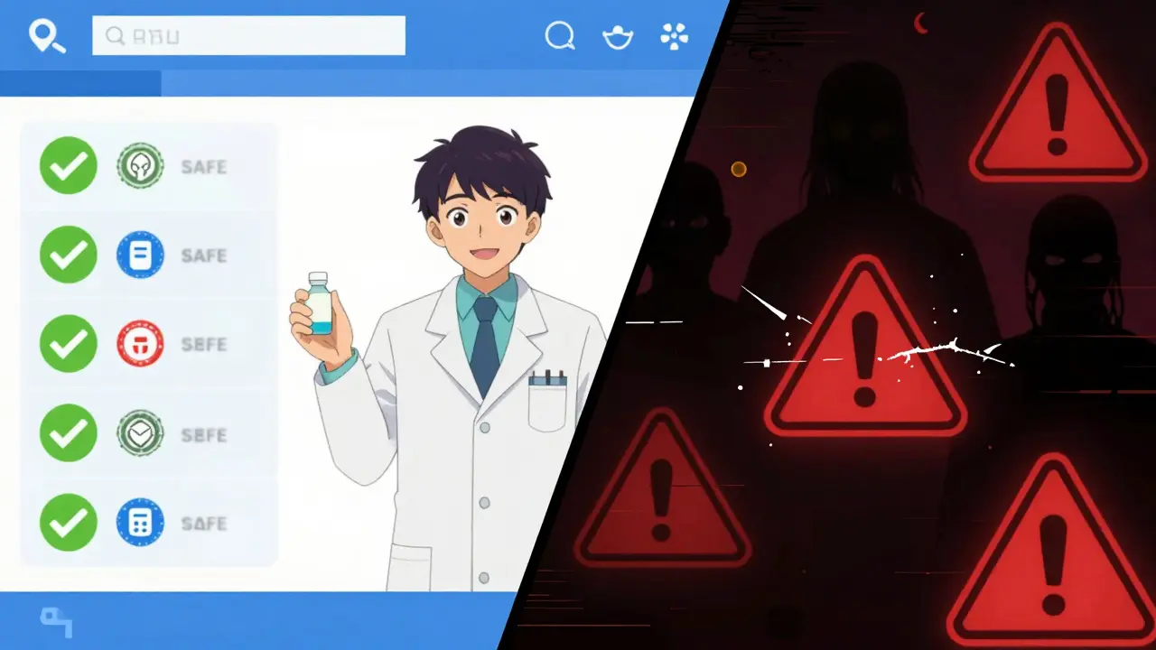 Visual comparison of safe verified pharmacies versus unsafe sites