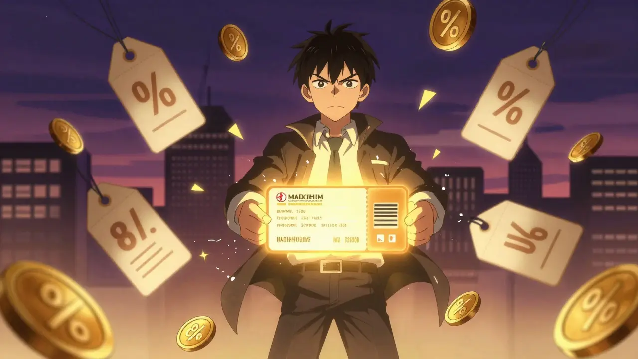 Anime character holding glowing coupon card with shattered price tags