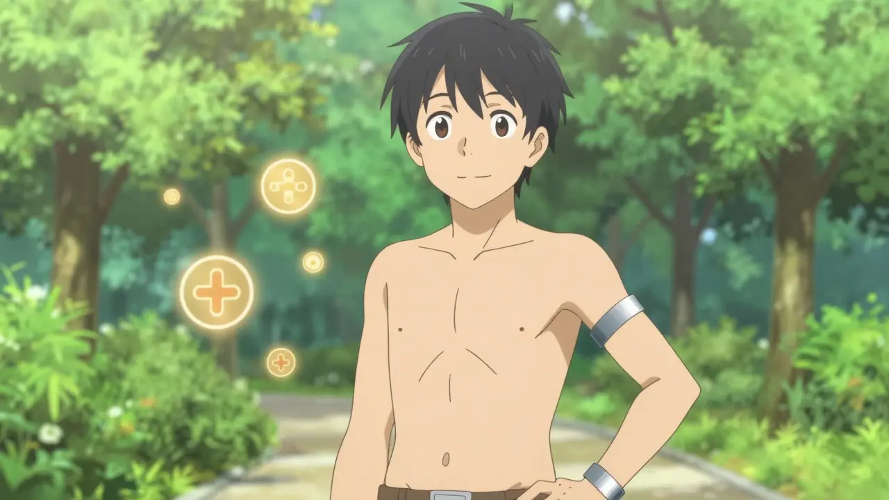 Anime character wearing medical alert bracelet in sun