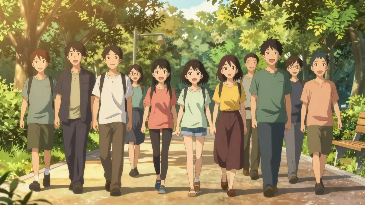 Anime characters walking happily in a sunny park after eating.