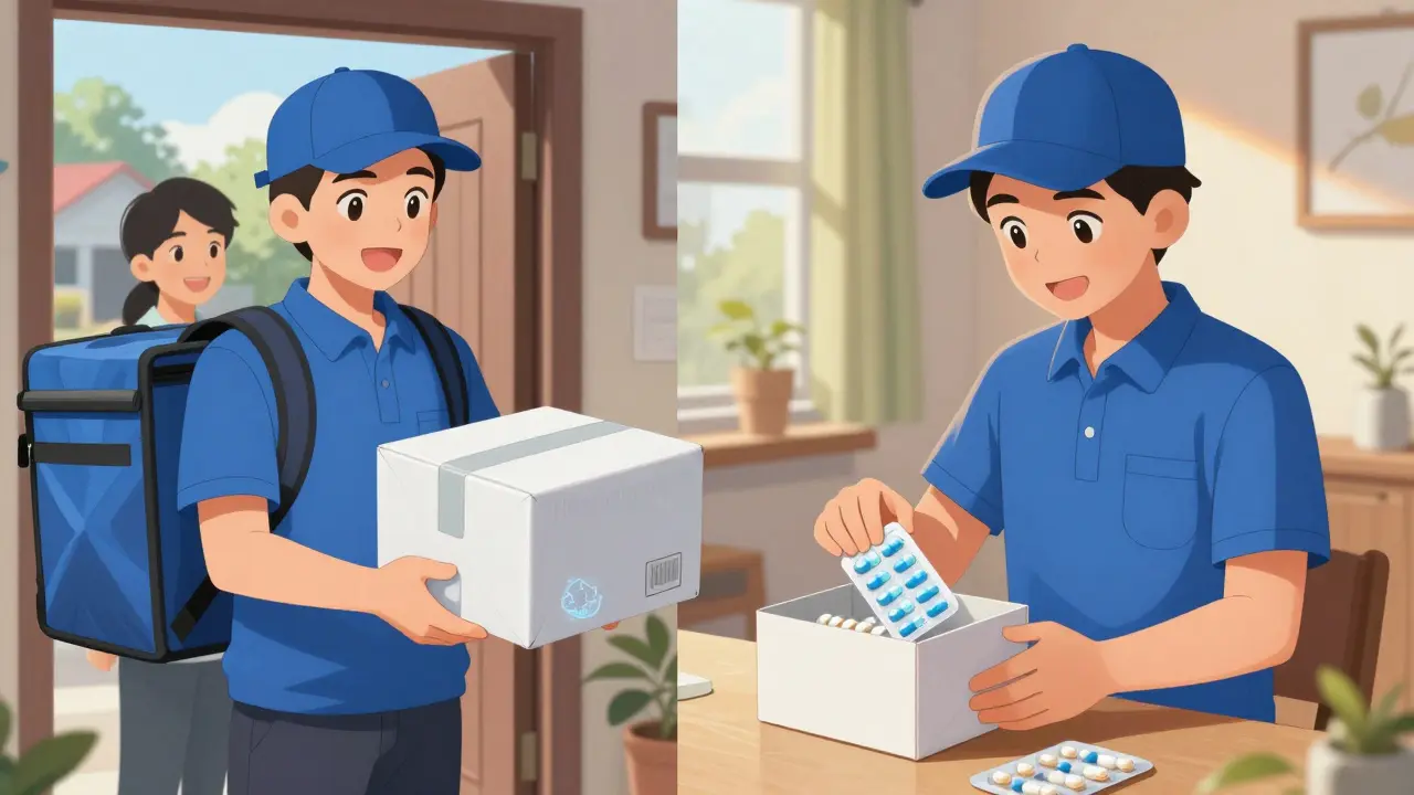 Anime courier delivering insulated medicine package to customer door