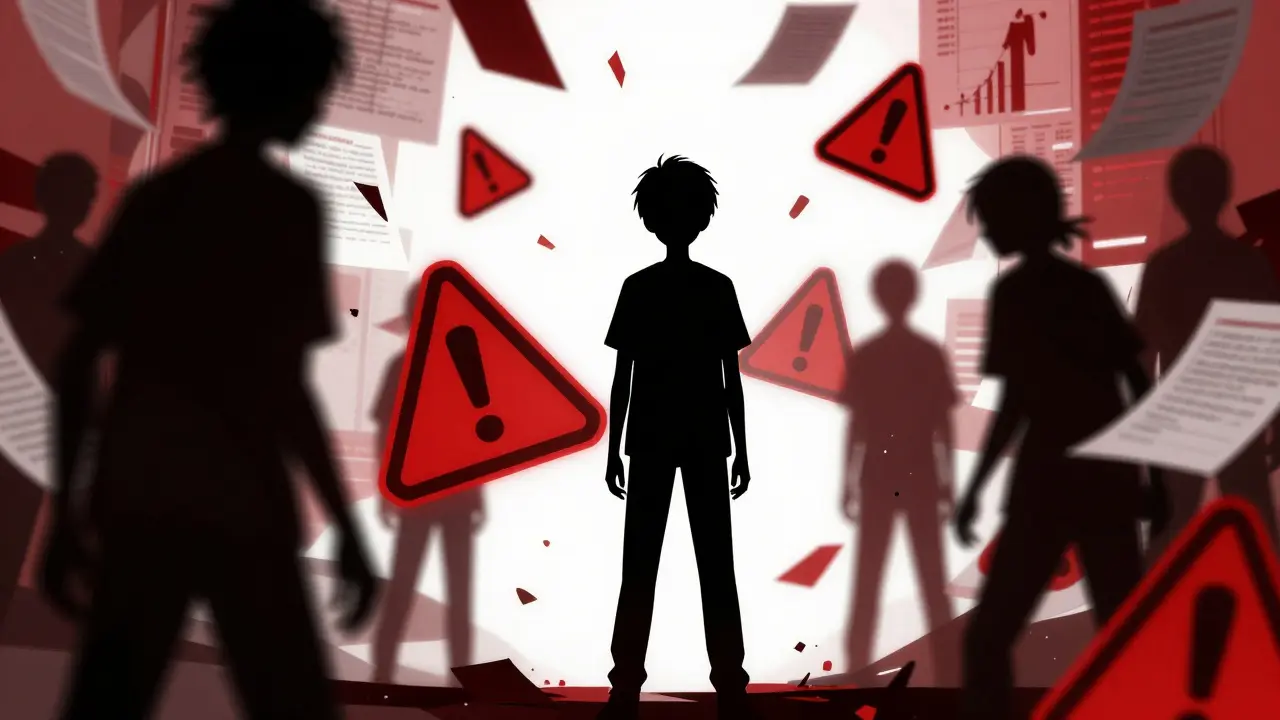 Anime style: Abstract depiction of teen surrounded by warning symbols and shadows of untreated illness.