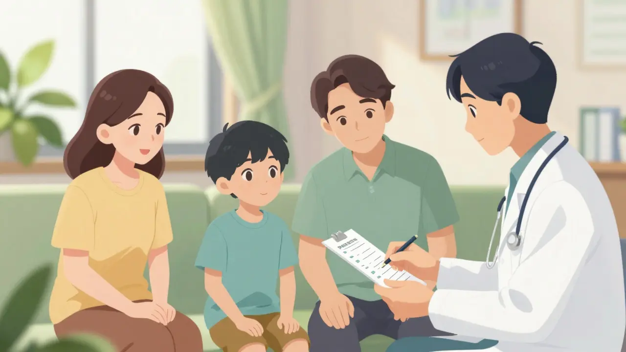 Anime style: Teen, parents, and doctor reviewing care plan together in a bright, supportive environment.