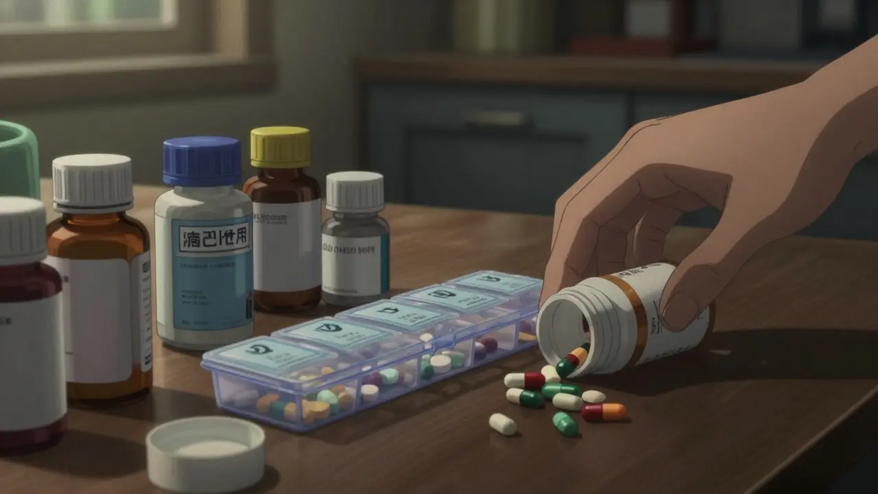 Close up of post-surgery meds and pill organizer on table