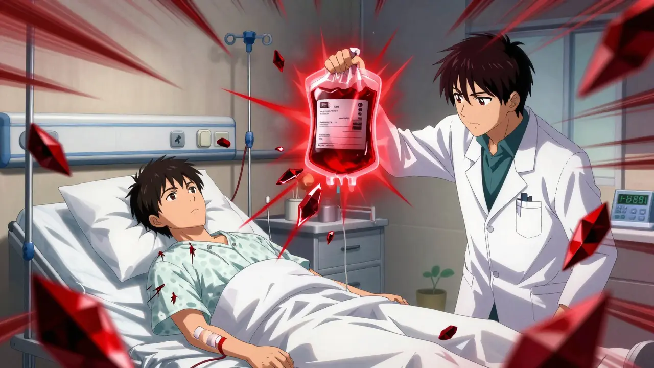 Dramatic anime scene of dangerous blood transfusion reaction