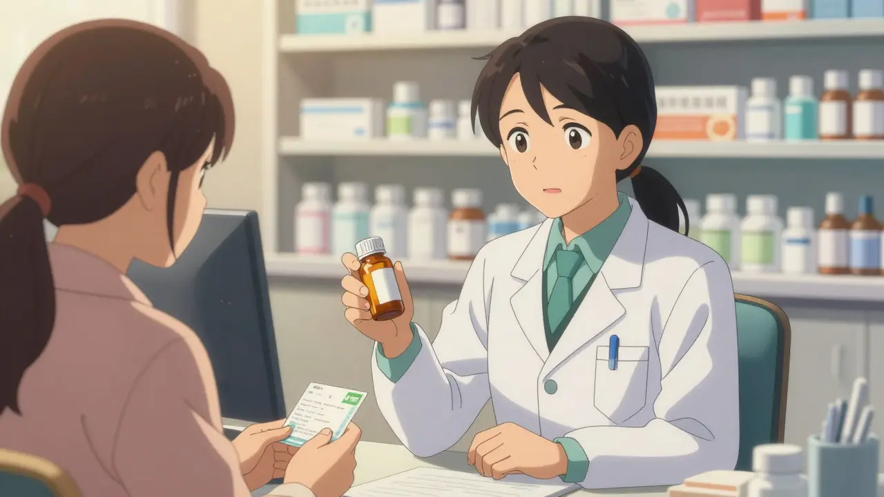 Pharmacist counseling a patient about medication changes in a warm setting