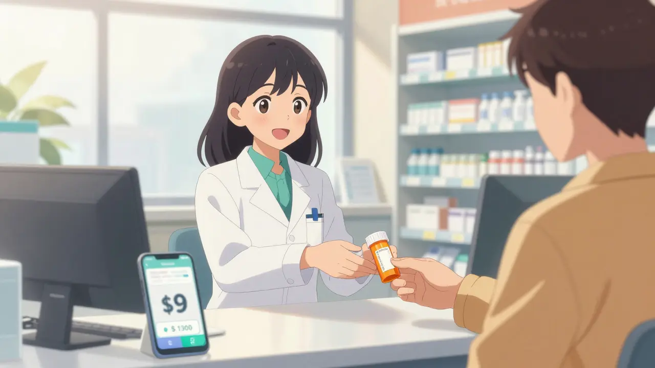 Pharmacist handing generic medication to a happy customer with a discount coupon nearby.