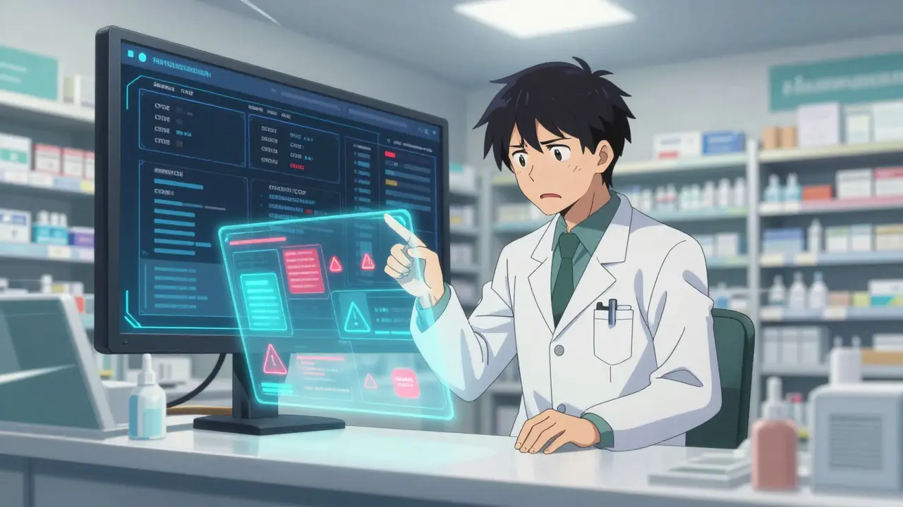 Stressed pharmacist surrounded by abstract tech alerts in a busy pharmacy