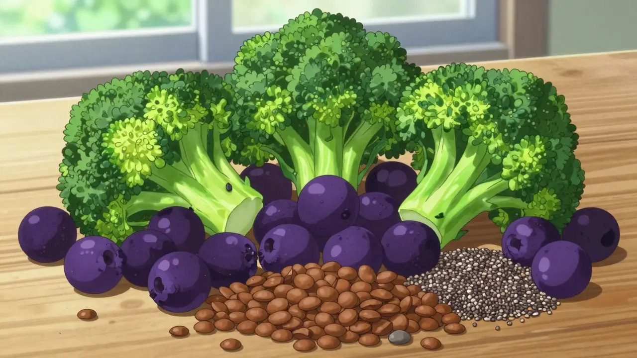 Vibrant anime illustration of fresh vegetables, berries, and legumes.