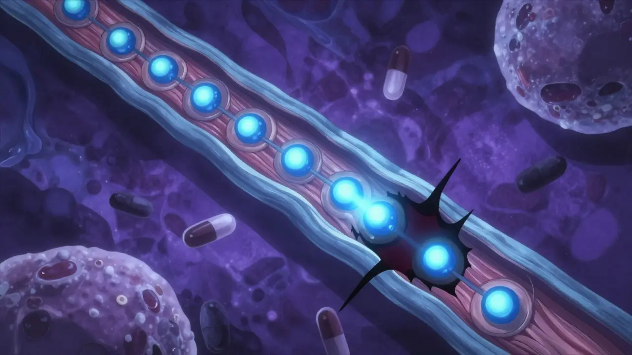 Abstract anime art of nerve signals failing to reach muscle receptors due to blockage.
