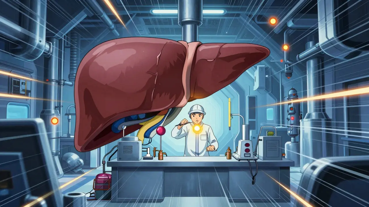 Abstract anime factory scene showing enzyme competition in the liver