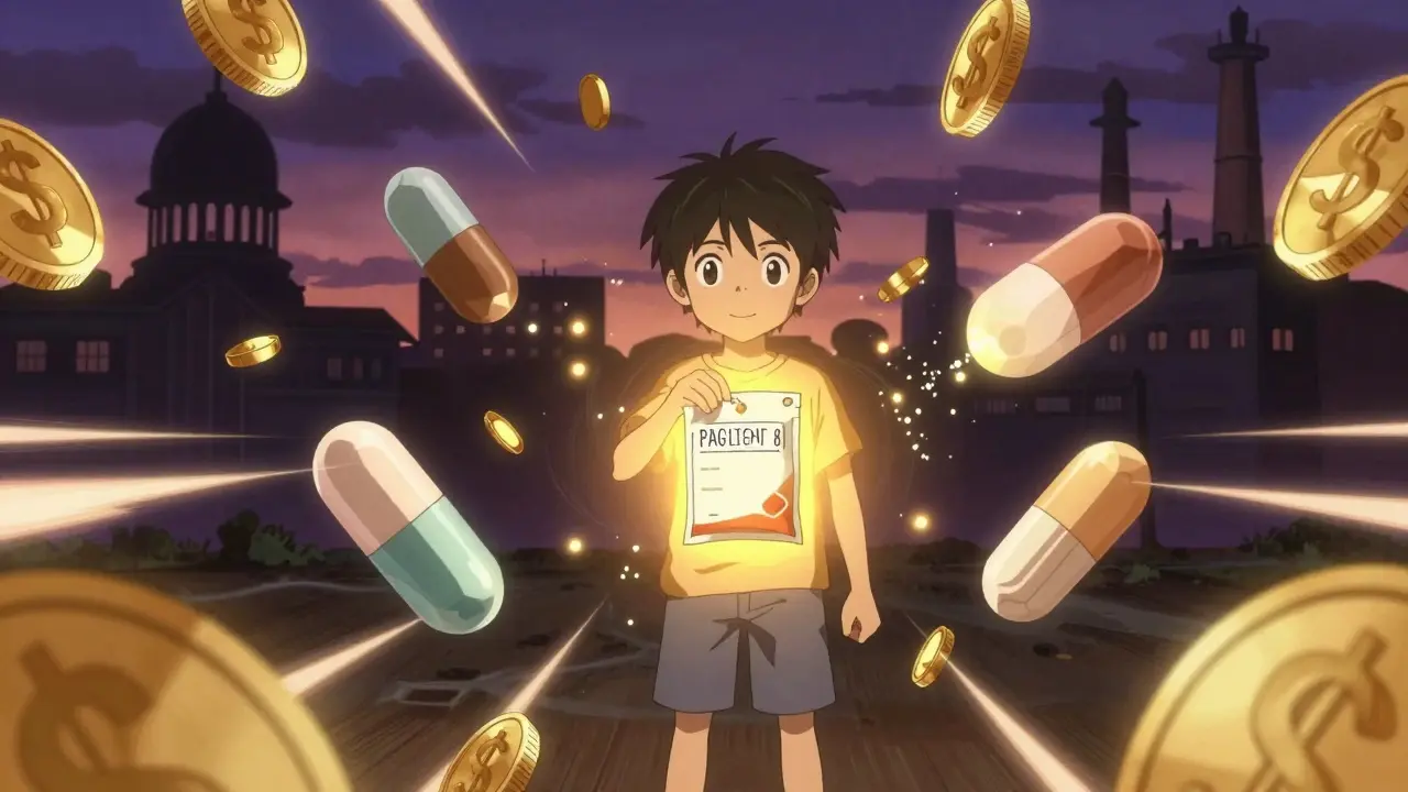 Anime art of patient saving money with glowing generic prescription