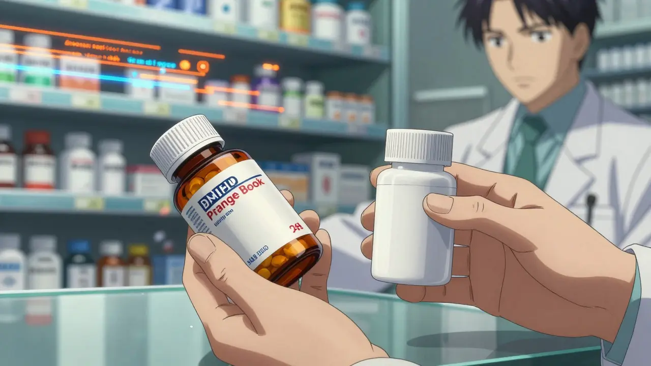 Anime pharmacist comparing brand name and generic drug bottles